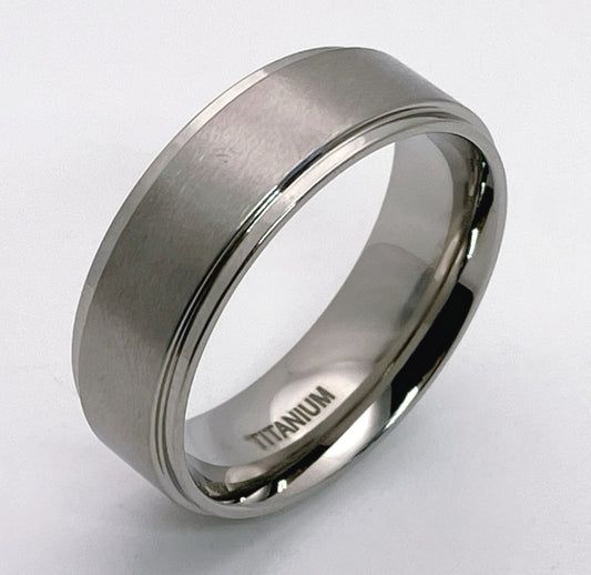 Titanium ring, flat profile, Matt finish, stepped edge, 8mm width, comfort fit