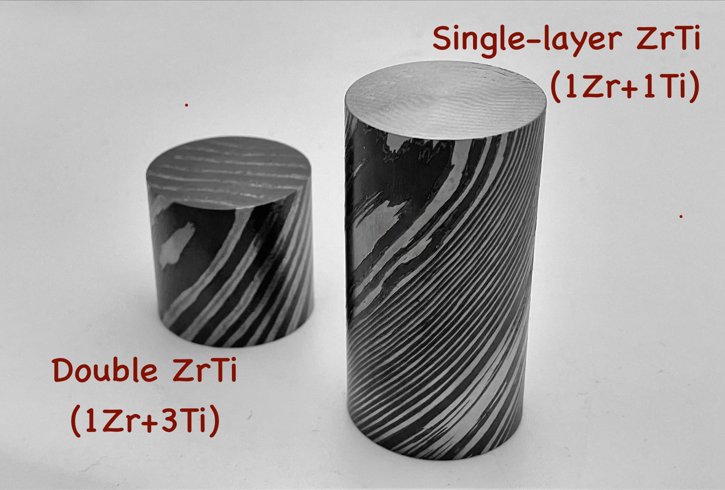 Double Zr/Ti Damascus Rod (1 Zr + 3 Titanium Alloys, Higher Zr Content), 18mm, 28mm and 42mm Diameter