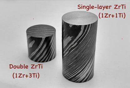 Double Zr/Ti Damascus Rod (1 Zr + 3 Titanium Alloys, Higher Zr Content), 18mm, 28mm and 42mm Diameter